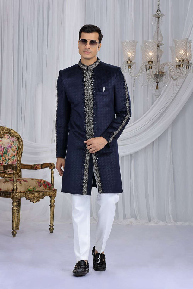 Men's Navy Blue Embroidered Velvet Sherwani Sets