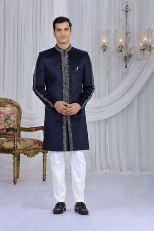 Men's Navy Blue Embroidered Velvet Sherwani Sets