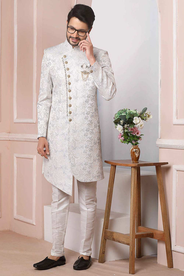 White Jacquard Indo-Western Sherwani Set - 38