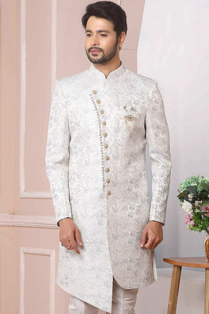 White Jacquard Indo-Western Sherwani Set - 38