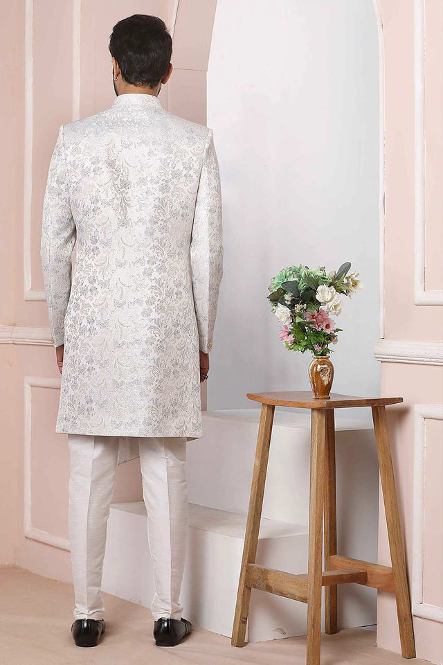 White Jacquard Indo-Western Sherwani Set - 38