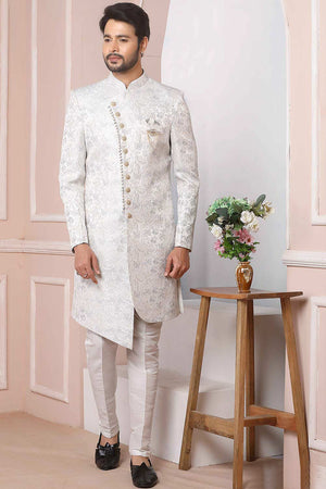 White Jacquard Indo-Western Sherwani Set - 38