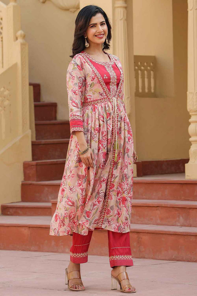 Pink Thread Work Silk Co-Ord Set (1685CRDPK)