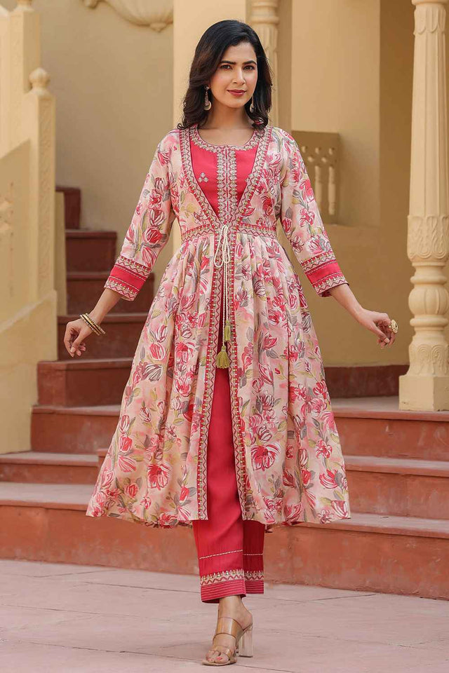 Pink Thread Work Silk Co-Ord Set (1685CRDPK)