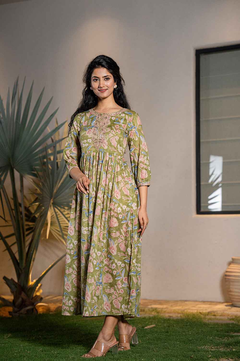Women's Green Cotton Sequins_Work,Dori Embroidery and Gathers Dress Green / L