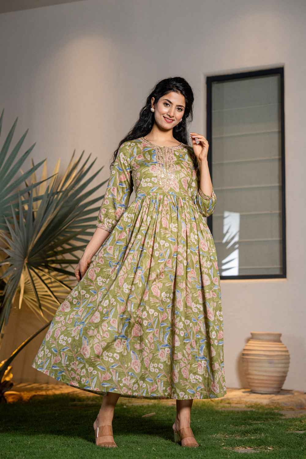 Green Floral Print Sequins Work Pure Cotton Dress (1691DRSGR), L