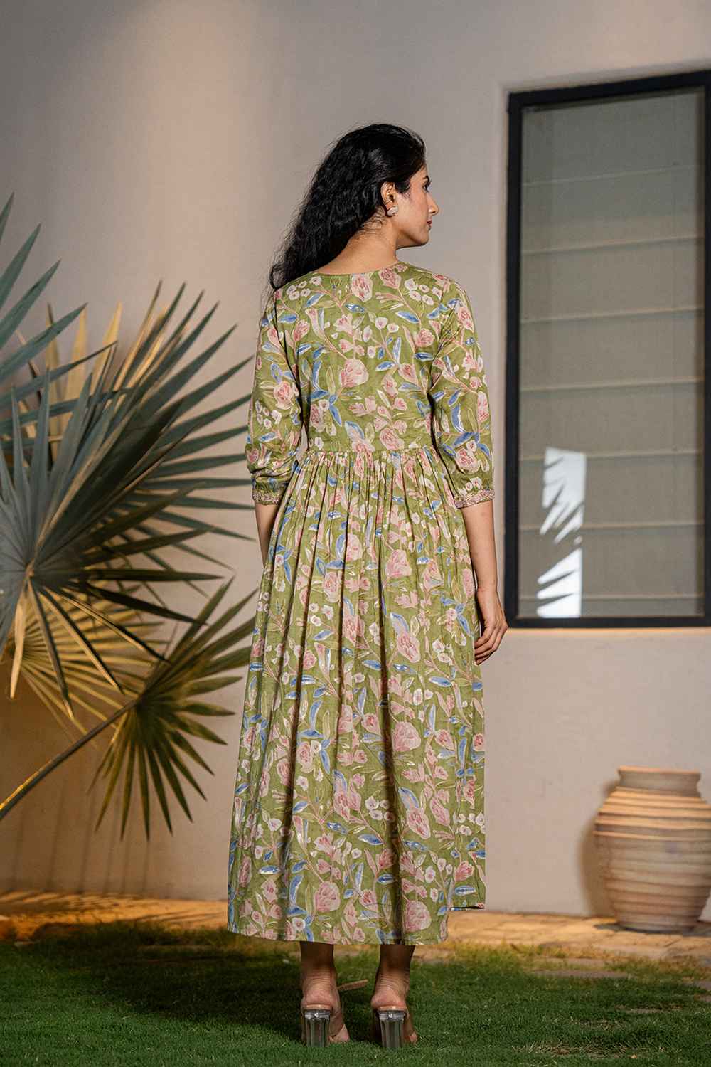 brown and green floral dress Women's Green Cotton Sequins_Work,Dori Embroidery And Gathers Dress Green / L