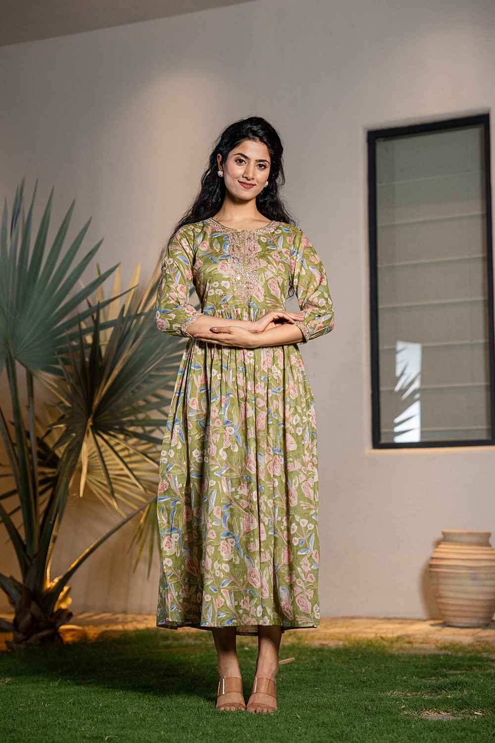 Green Floral Print Sequins Work Pure Cotton Dress (1691DRSGR), L