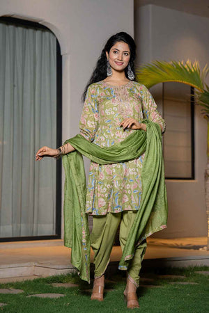 Green Floral Print Sequins Work Pure Cotton Kurti Pant Set