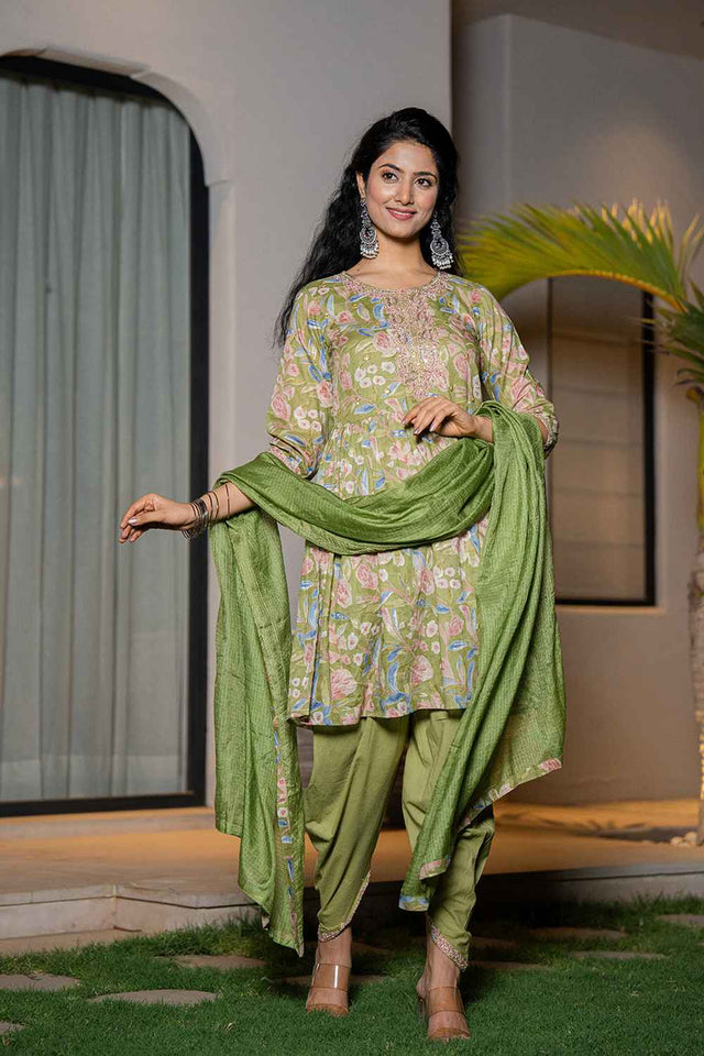 Green Floral Print Sequins Work Pure Cotton Kurti Pant Set