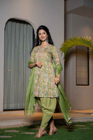 Green Floral Print Sequins Work Pure Cotton Kurti Pant Set