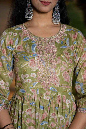 Green Floral Print Sequins Work Pure Cotton Kurti Pant Set
