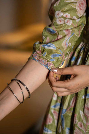 Green Floral Print Sequins Work Pure Cotton Kurti Pant Set