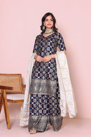 Blue Ethnic Motifs Woven Banarasi Kurti Palazzo Set (16Bluebanarsi)