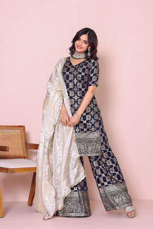 Blue Ethnic Motifs Woven Banarasi Kurti Palazzo Set (16Bluebanarsi)