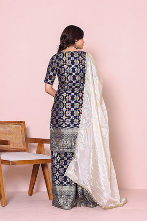 Blue Ethnic Motifs Woven Banarasi Kurti Palazzo Set (16Bluebanarsi)