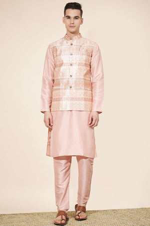 Peach Embroidered Silk Kurta Pajama Koti Set