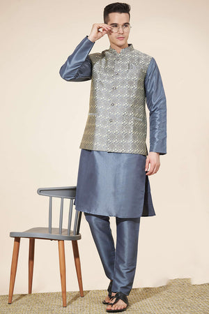 Grey Embroidered Silk Kurta Pajama Koti Set