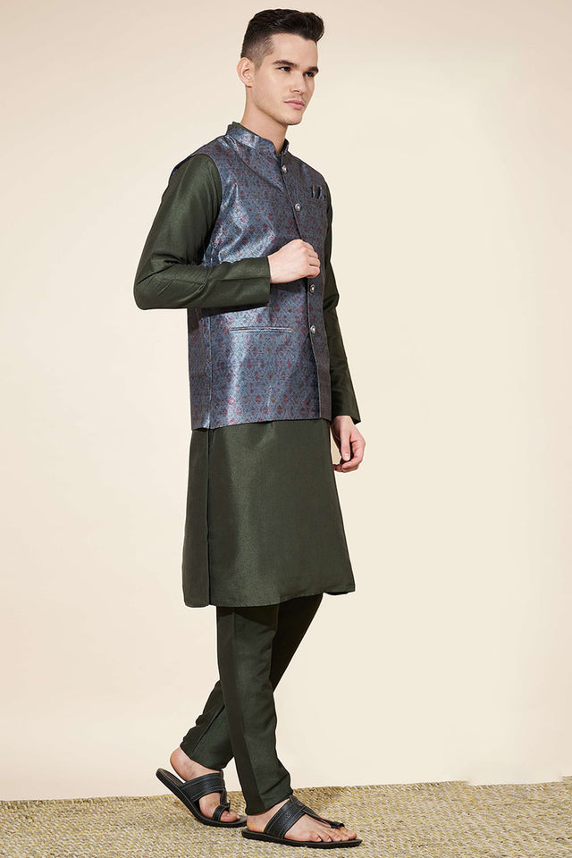 Green Embroidered Silk Kurta Pajama Koti Set