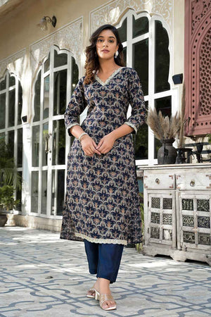 Blue Printed Zari Work Silk Kurti Pant Set (1717SETNB)