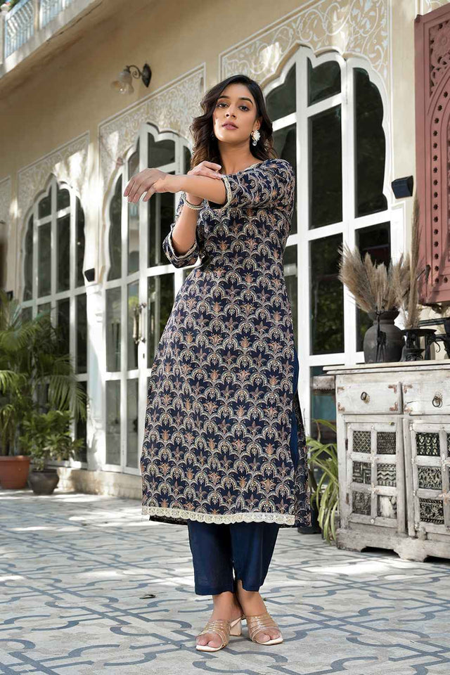 Blue Printed Zari Work Silk Kurti Pant Set (1717SETNB)