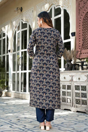 Blue Printed Zari Work Silk Kurti Pant Set (1717SETNB)