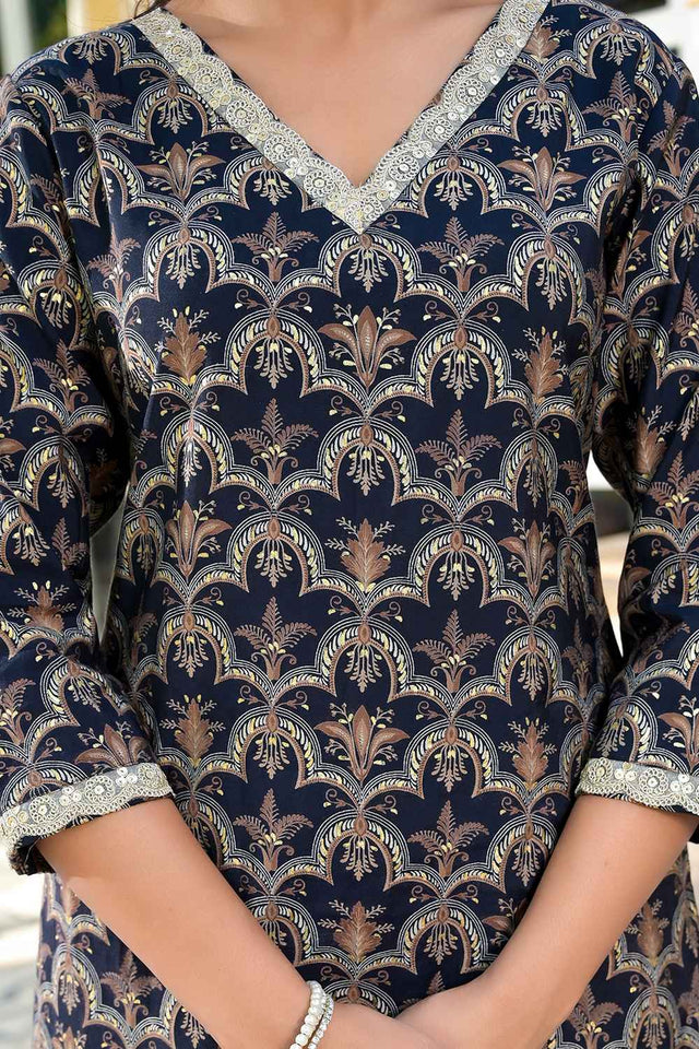 Blue Printed Zari Work Silk Kurti Pant Set (1717SETNB)