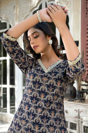 Blue Printed Zari Work Silk Kurti Pant Set (1717SETNB)