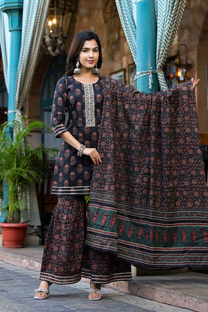 Black Floral Print Zari Work Pure Cotton Kurti Pant Set