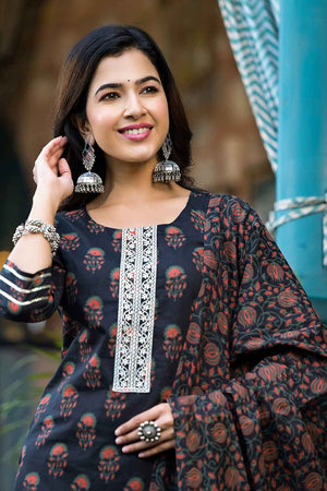 Black Floral Print Zari Work Pure Cotton Kurti Pant Set