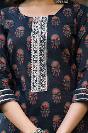 Black Floral Print Zari Work Pure Cotton Kurti Pant Set