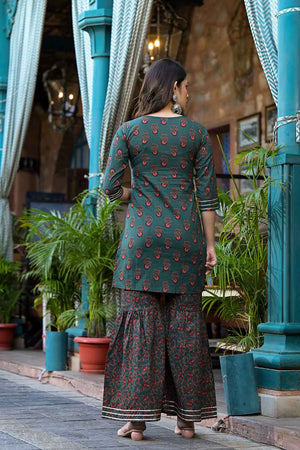 Green Floral Print Zari Work Pure Cotton Kurti Pant Set