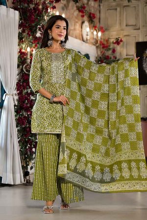 Olive Ethnic Motifs Zari Work Pure Cotton Kurti Pant Set