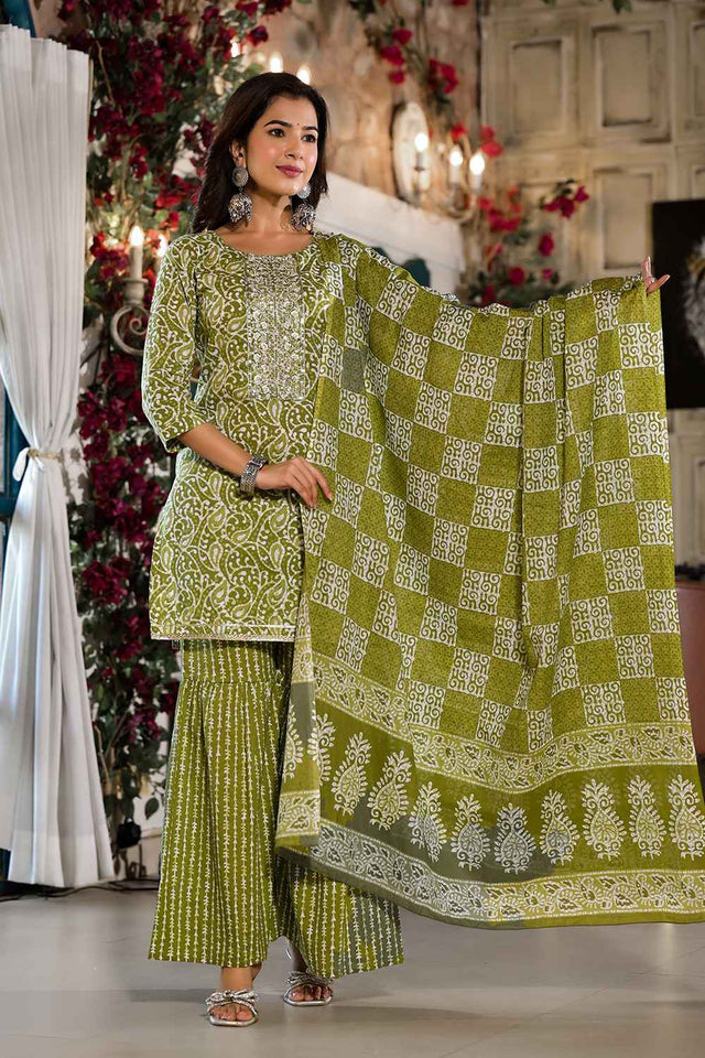 Olive Ethnic Motifs Zari Work Pure Cotton Kurti Pant Set