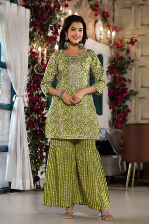 Olive Ethnic Motifs Zari Work Pure Cotton Kurti Pant Set