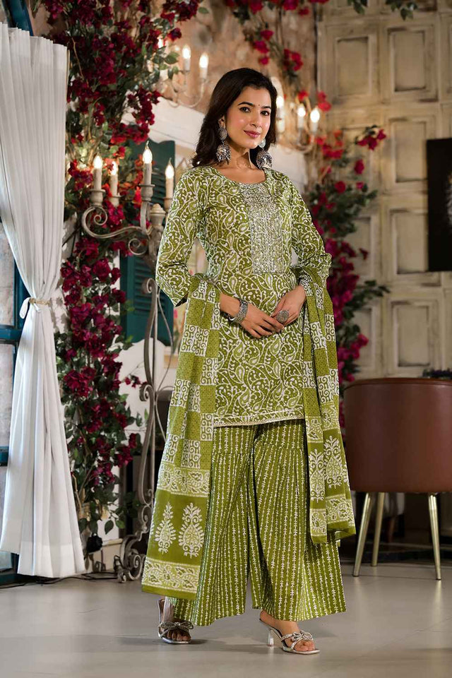 Olive Ethnic Motifs Zari Work Pure Cotton Kurti Pant Set