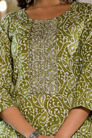 Olive Ethnic Motifs Zari Work Pure Cotton Kurti Pant Set