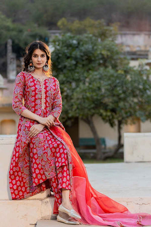Red Floral Print Thread Work Pure Cotton Kurti Pant Set