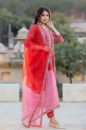 Red Floral Print Thread Work Pure Cotton Kurti Pant Set