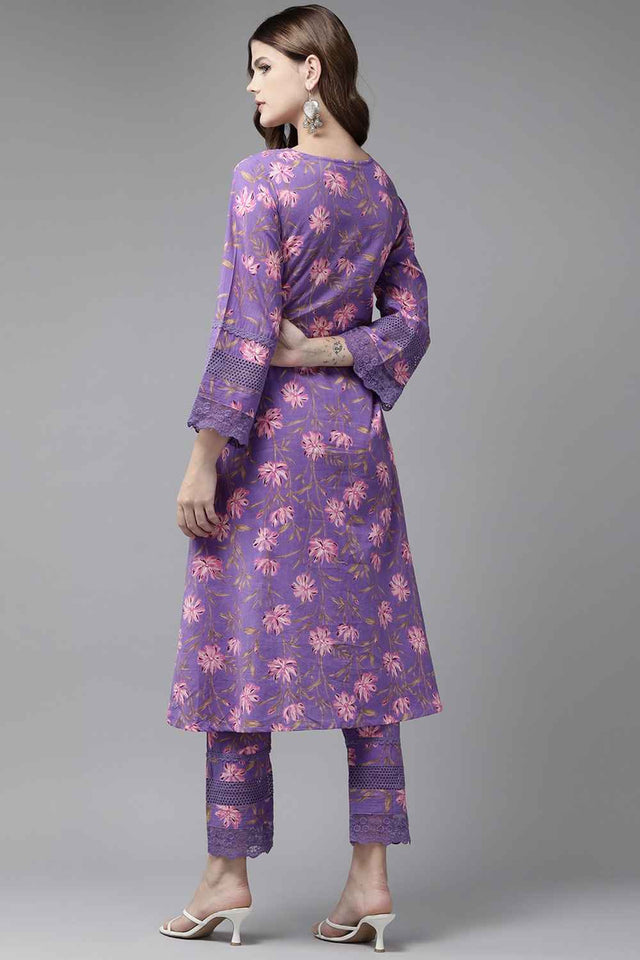 Violet Floral Print Pure Cotton Kurti Pant Set