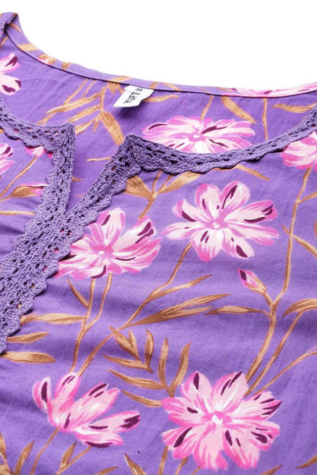 Violet Floral Print Pure Cotton Kurti Pant Set