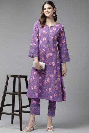 Violet Floral Print Pure Cotton Kurti Pant Set
