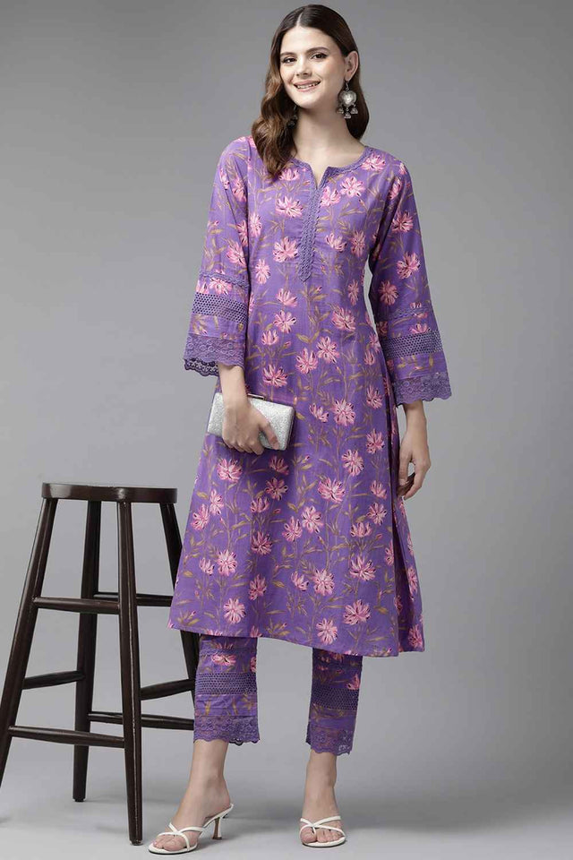 Violet Floral Print Pure Cotton Kurti Pant Set