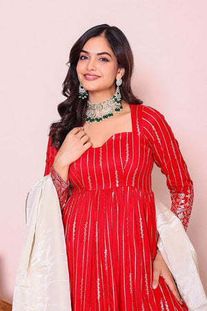 Red Ethnic Motifs Printed Silk Kurti Palazzo Set (17reddolasilk)
