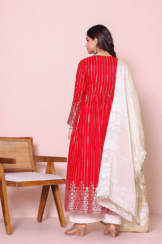 Red Ethnic Motifs Printed Silk Kurti Palazzo Set (17reddolasilk)