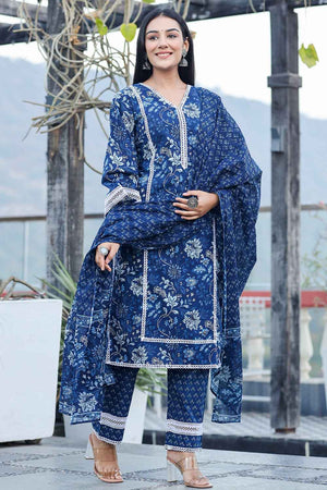 Blue Floral Print Pure Cotton Kurti Pant Set