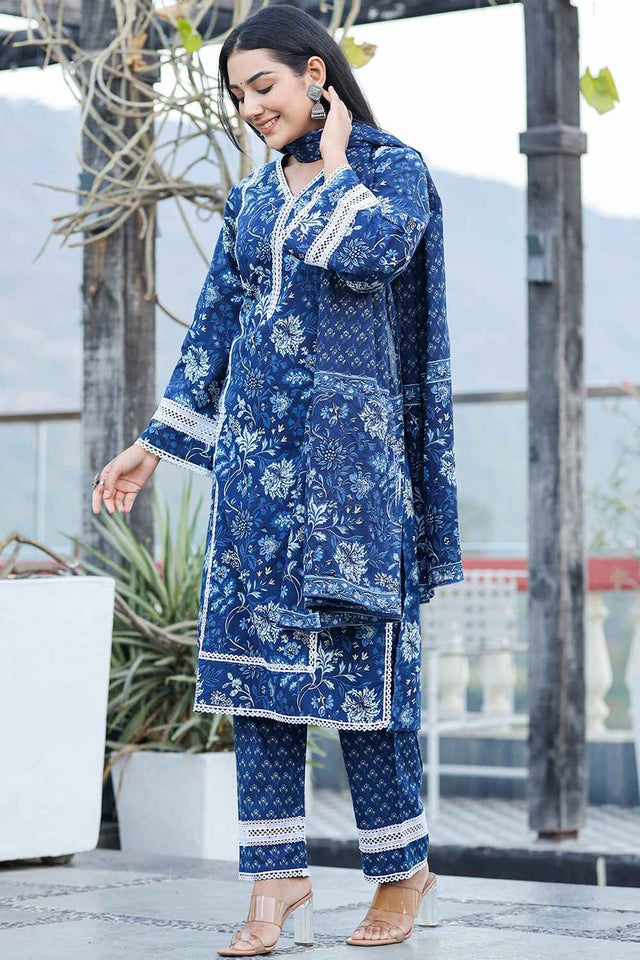 Blue Floral Print Pure Cotton Kurti Pant Set