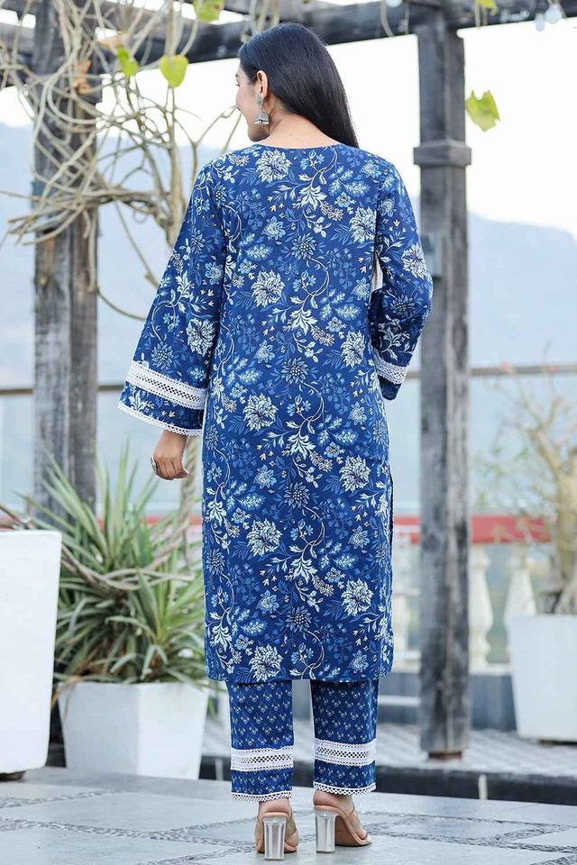 Blue Floral Print Pure Cotton Kurti Pant Set
