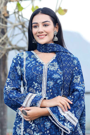 Blue Floral Print Pure Cotton Kurti Pant Set