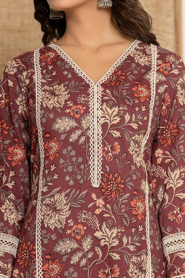 Red Floral Print Lace Work Pure Cotton Kurti Pant Set